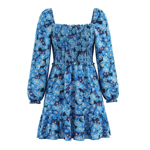 Damen Blaues Blumen Minikleid Eckiger Ausschnitt Lange Puffärmel Gesmoktes Oberteil Gestufter Rüschensaum Polyester Boho