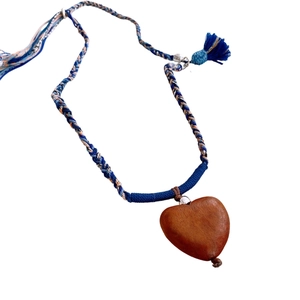 Ethnic heart wooden pendant necklace with colorful woven rope and tassel detail