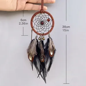 Handmade 6cm dreamcatcher car pendant with brown feathers and bohemian beads