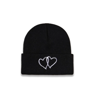 Bonnet En Maille Broderie Cœur Acrylique Chaud Hiver Bonnet À Revers Pour Femmes Et Hommes Noir Mode Extérieur