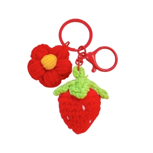 Handmade crochet strawberry and flower keychain with red lobster clasp and key ring