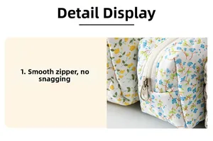 Close-up of smooth metal zipper and quilted floral fabric on the stationery pouch