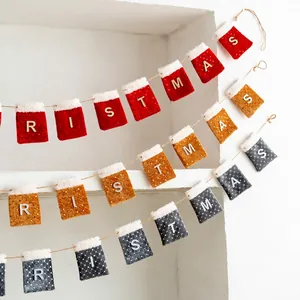Christmas felt pocket banner set with gold letters in red, yellow, and grey for festive decor