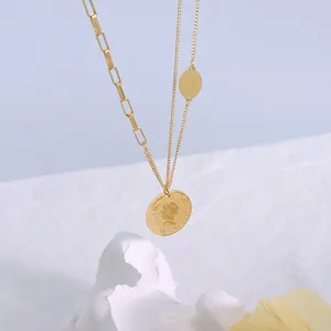 French style gold-plated necklace featuring mixed chains and portrait coin pendant
