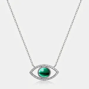 S925 Sterling Silver Evil Eye Pendant Necklace For Women Vintage Cultured Emerald Inlaid Rhinestone Clavicle Chain Jewelry Gift