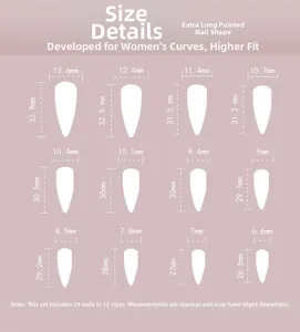 Detailed size chart for blue cat eye long stiletto press-on nails with 12 specific sizes