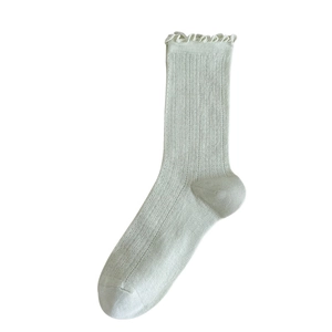 Mint green ruffle trim crew socks for women with breathable vertical ribbed texture