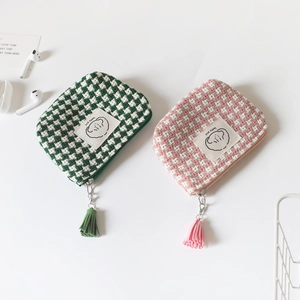 Cute checkered tweed mini coin purses in pink and green with tassels for lipstick storage