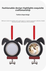 Custom dog-shaped metal frame ornament with bone charm and red hanging string for photos