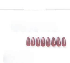 Detail view of glossy almond-shaped press-on nails in dusty rose morandi tones