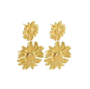 Detailed view of vintage gold sunflower drop earrings with textured metal petals