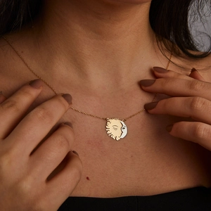 Minimalist sun and moon pendant necklace in gold and silver finish for women