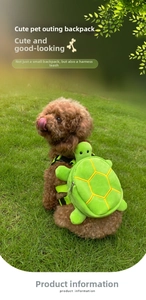 Green turtle-shaped plush pet backpack and harness set for small dogs on grass