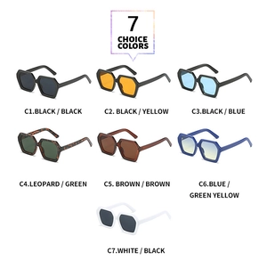 Matrix view of seven colorful geometric hexagonal sunglasses in various frame and lens colors