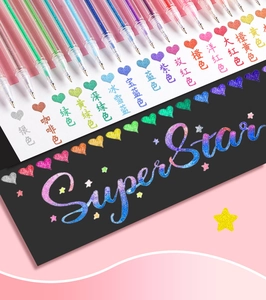 Close-up of 15 glitter gel pens set showing rainbow ink effect on black and white paper