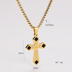 Detail view of gold cross pendant with dimensions 32x22mm and weight 15g specifications