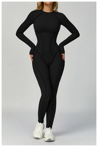 Detail view of contoured stitching and high-stretch fabric on black athletic bodysuit