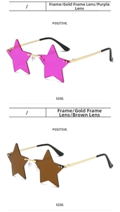 Detail of star-shaped rimless metal sunglasses with purple and brown lenses