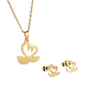 Golden swan pendant necklace and stud earrings set with heart-shaped swan neck design