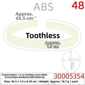 Macro detail of 1.5cm wide ivory white ABS plastic headband with precise size measurements