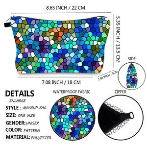 Detailed size specifications and waterproof fabric view of the colorful geometric makeup bag