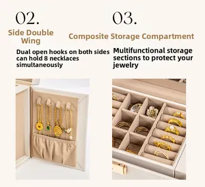 Detail of side wings with 8 necklace hooks and velvet dividers in luxury jewelry box