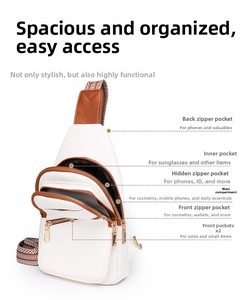 White textured leather chest bag with ethnic strap and functional zipper pockets