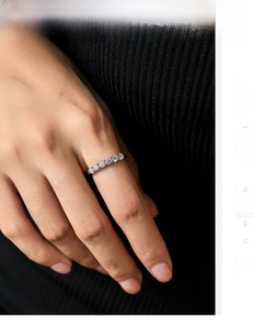 Close-up of 925 silver eternity ring with seven sparkling VVS1 moissanite stones