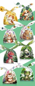 Detail of bunny ear drawstring treat bags featuring diverse cartoon animal illustrations