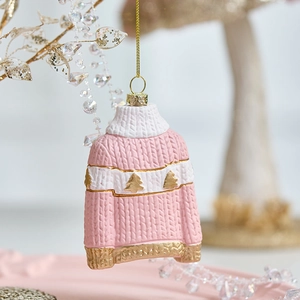 Pink and white Christmas sweater ornament with gold tree pattern and knit texture