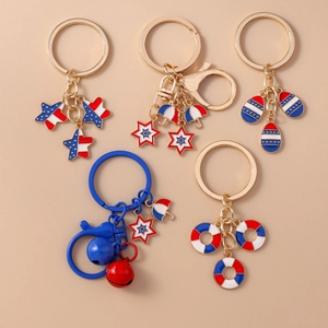 Red white blue star umbrella keychain set with American flag patterns and bell
