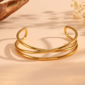 Minimalist 18k gold plated stainless steel multi-layer crossover open cuff bracelet