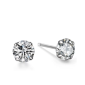 Classic 925 sterling silver four-prong stud earrings with clear round cubic zirconia