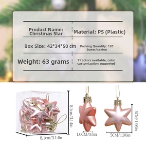 Detail view showing 5cm rose gold star ornaments with dimensions and metallic PS texture