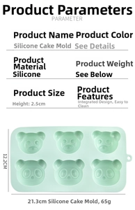 Detail of 6-cavity mint green bear silicone mold showing dimensions and food-grade material
