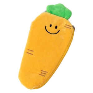 Cute carrot plush pencil case with embroidered smiley face and green leaf detail