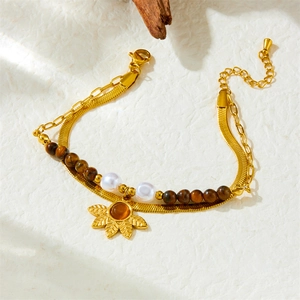 Gold stainless steel double layer chain bracelet with tiger eye beads and leaf pendant