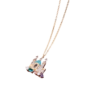 18K gold plated castle necklace with colorful zircon stones on clean white background