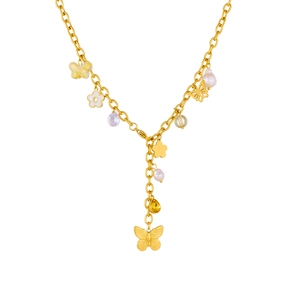 Collana a Y placcata in oro con ciondoli a farfalla, fiori e perle raffinate