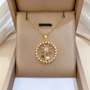 Floral Pendant Necklace Gold Stainless Steel Chain Copper Zircon Pink Flower Artificial Pearl Elegant Jewelry For Women