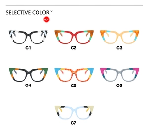 Modern cat-eye glasses frames in seven distinct color blocking patterns from C1 to C7