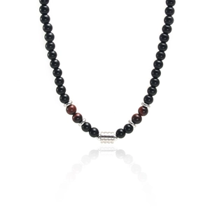 Men's stainless steel necklace with black obsidian beads and tiger eye stone accents