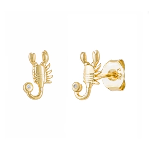 Detail view of gold S925 sterling silver scorpion stud earrings with white zircon stones
