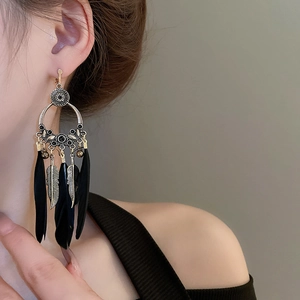 Détails de boucles d'oreilles bohèmes rétro à plumes avec feuille en métal sur un mannequin
