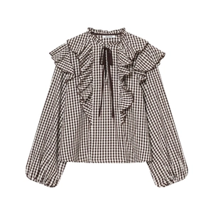 Women Gingham Plaid Blouse Polyester Ruffle Trim Bow Tie Neck Long Puff Sleeve Elegant Casual Fashion Shirt Top