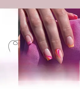 Détails de faux ongles French ondulés rose et orange avec design carré à tête plate