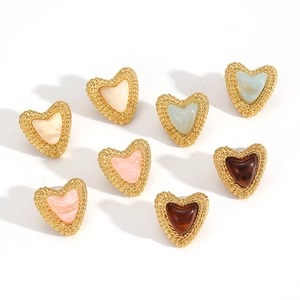 French retro heart stud earrings with twisted gold borders and marble resin insets