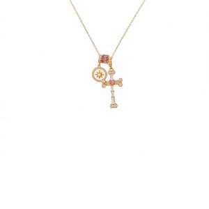 18k gold plated necklace featuring zircon cross pendant and octagonal star charm on white