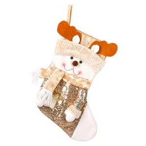 Glittery gold sequin Christmas stocking with plush reindeer doll and scarf decoration