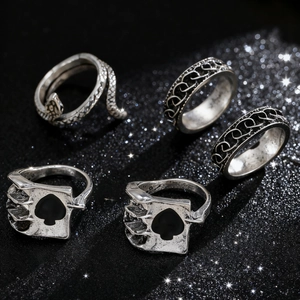 Close-up of vintage silver punk ring set with snake, skull and gothic motifs